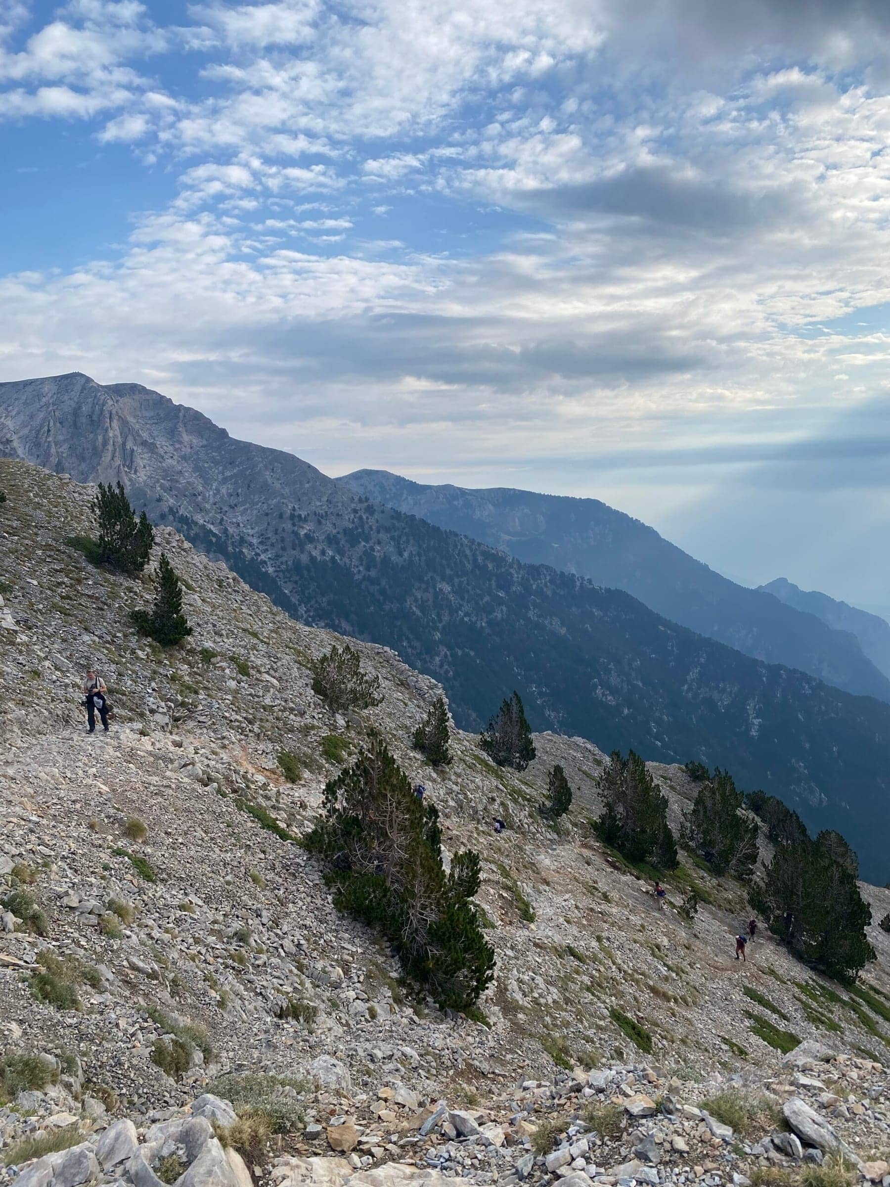 Navigating the steep scree above the refuge, making our way to Skala peak