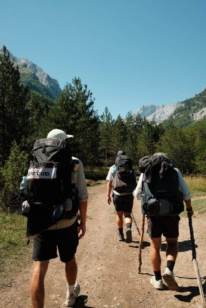 Riley, Stubbs and Gummy walking along the Peaks of the Balkans trail