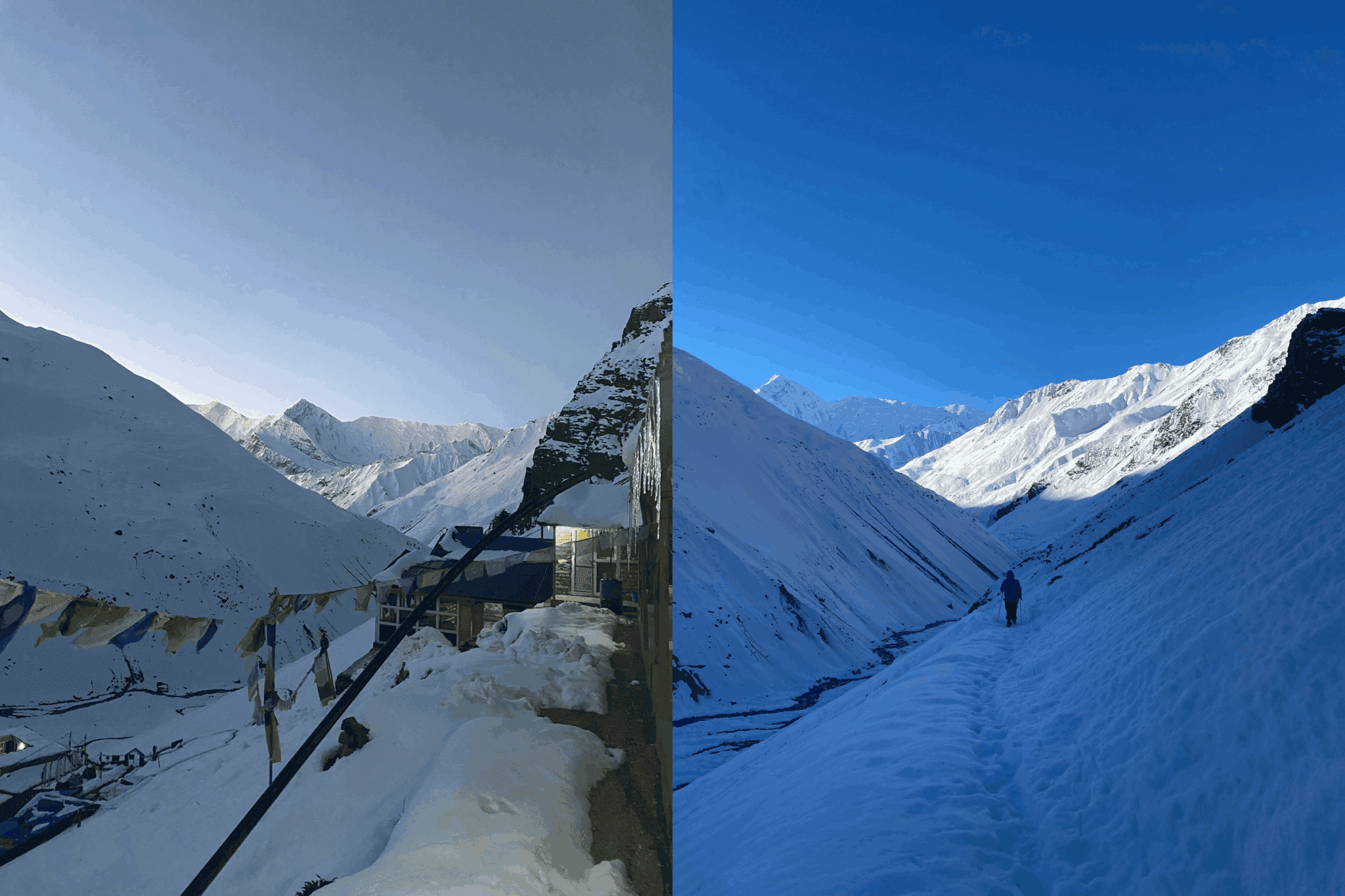 Left: The early morning of the Annapurna range view from Thorong Phedi
Right: Following Belle and a Nepalese guide as we descend towards Ledar