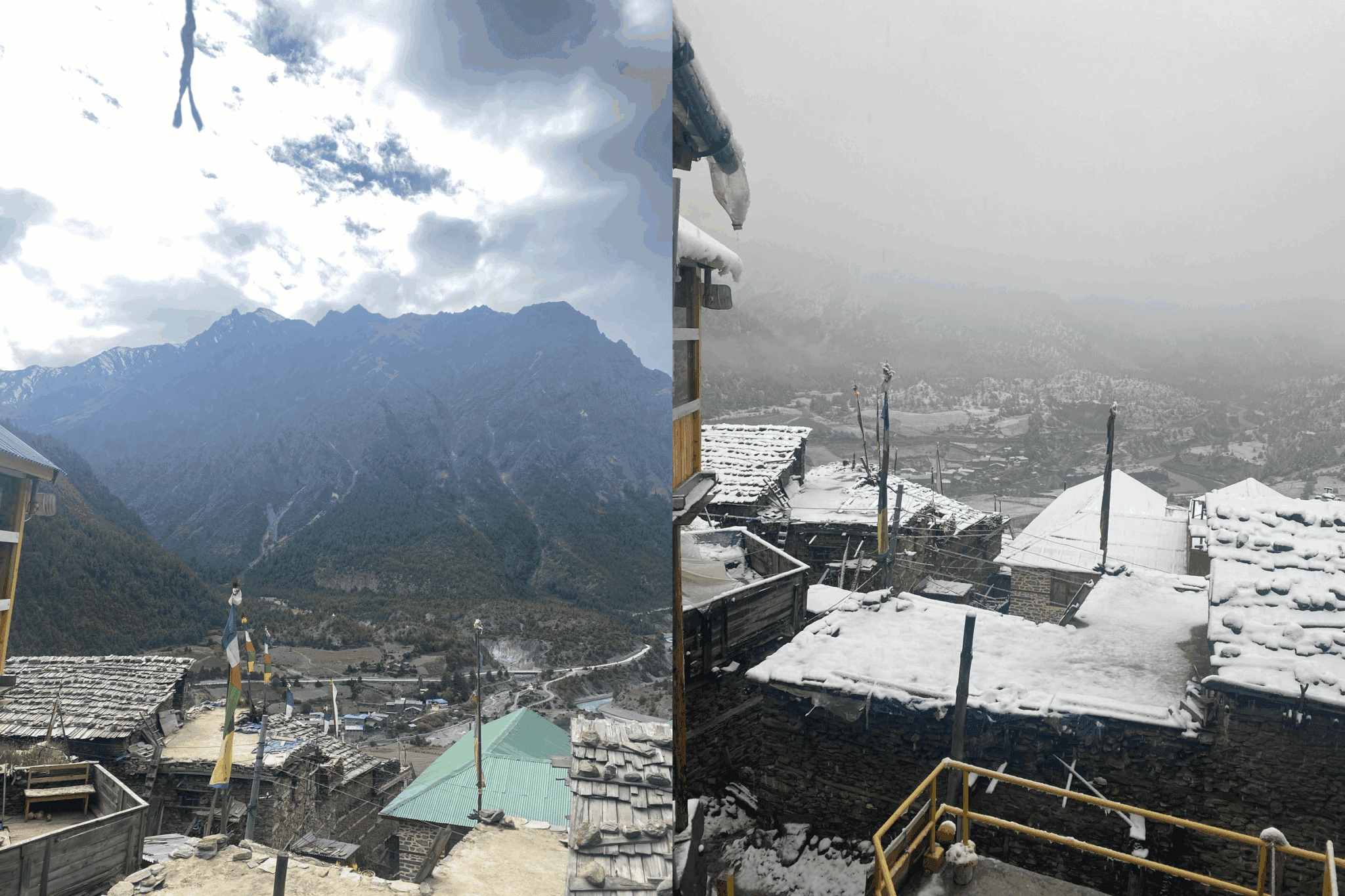 A side-by-side comparision of Upper Pisang after receiving heavy snowfall