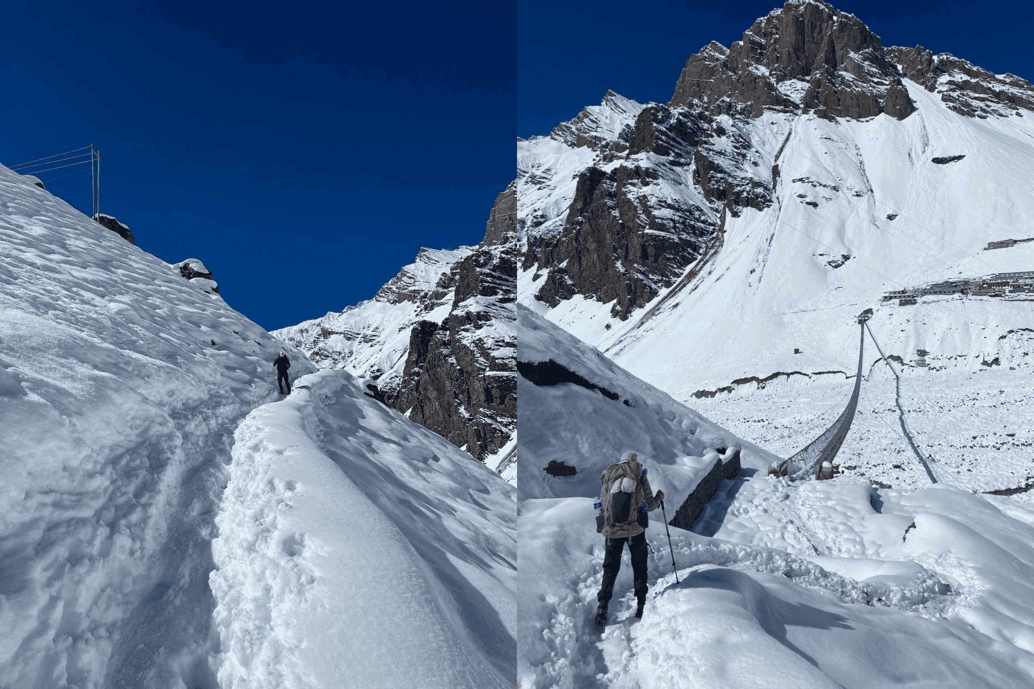 Left: Riley descending along the path towards the Thorong Phedi suspension bridge
Right: Belle about to step onto the suspension bridge