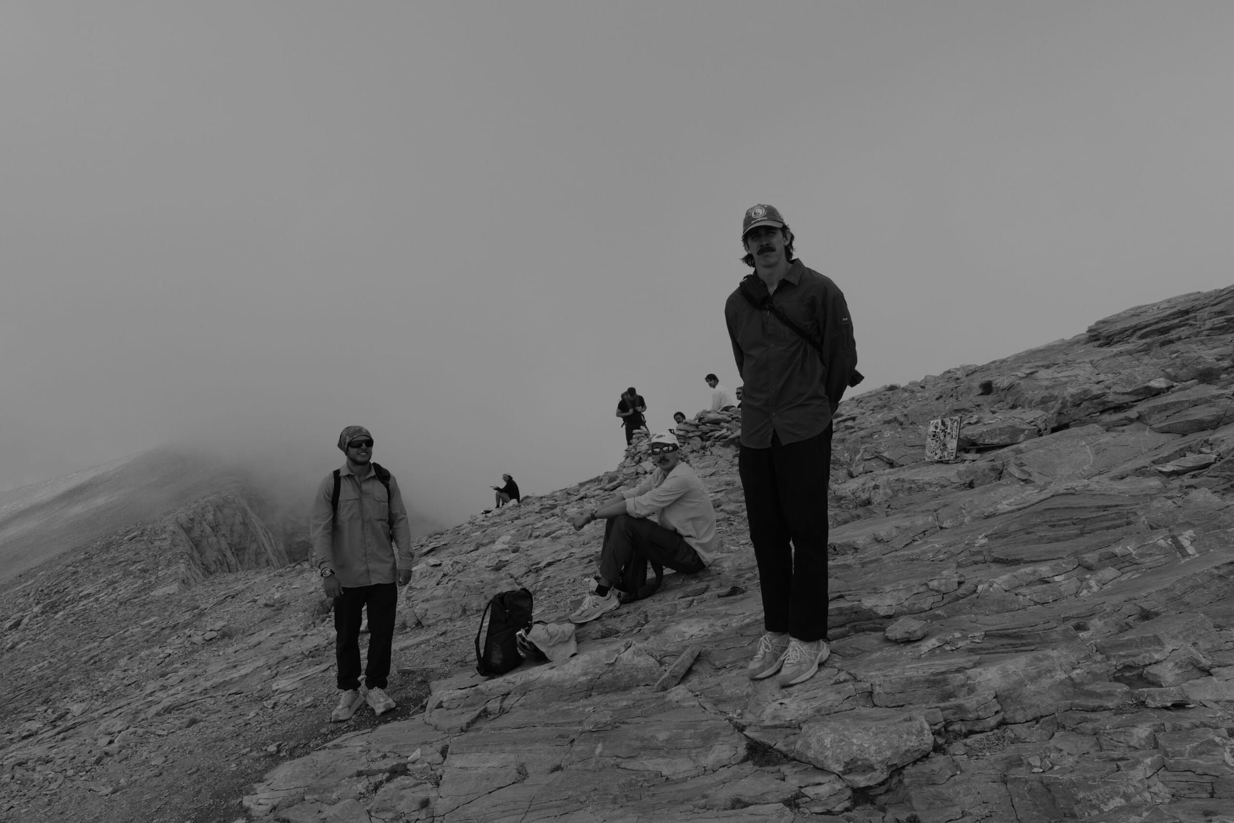 Gummy, Jake and I sitting on Skala Peak and refuelling before climbing to Mytikas