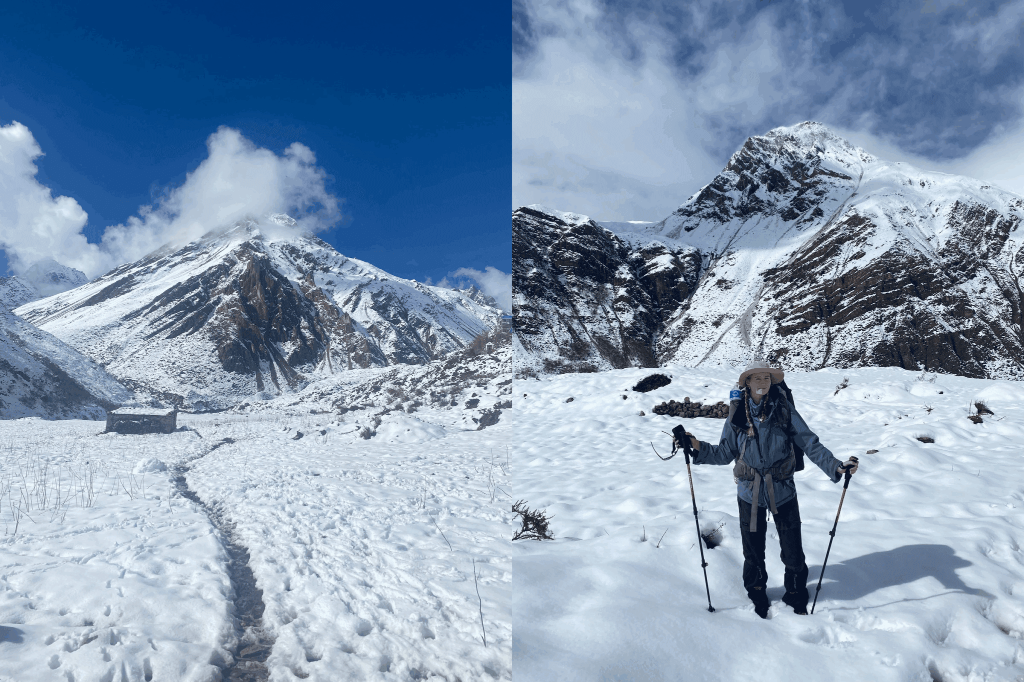 Left: A peak of the Annapurna range overlooking Yak Kharka
Right: Belle standing in the snow, on route to Yak Ykarka