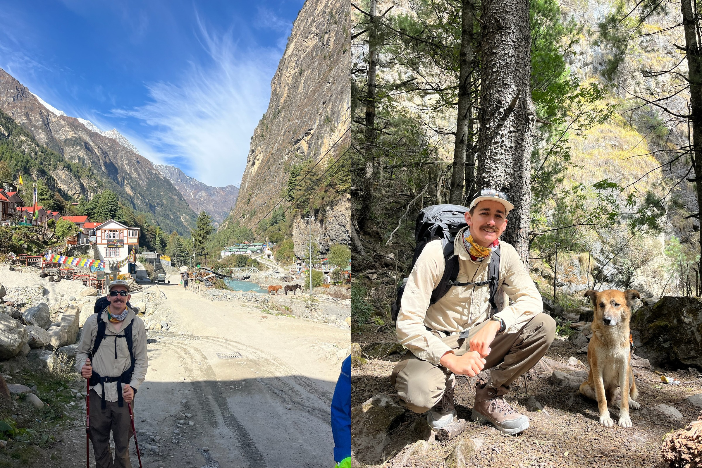Left: Beginning our first day of hiking from Chame to Upper Pisang
Right: Kneeling alongside a beautiful stray dog in the forest