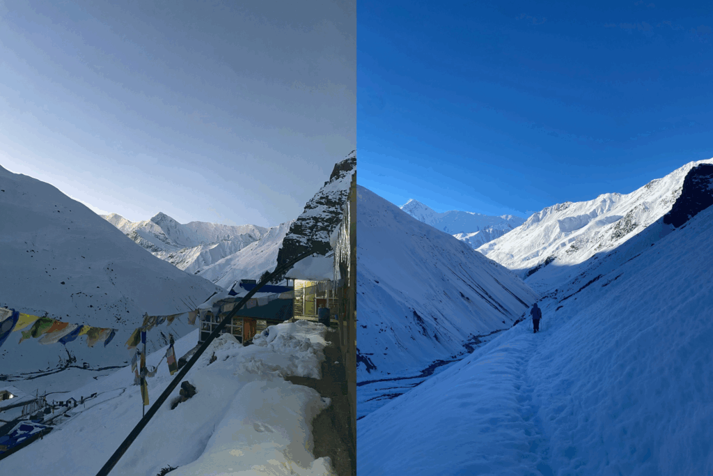Left: The early morning of the Annapurna range view from Thorong Phedi
Right: Following Belle and a Nepalese guide as we descend towards Ledar