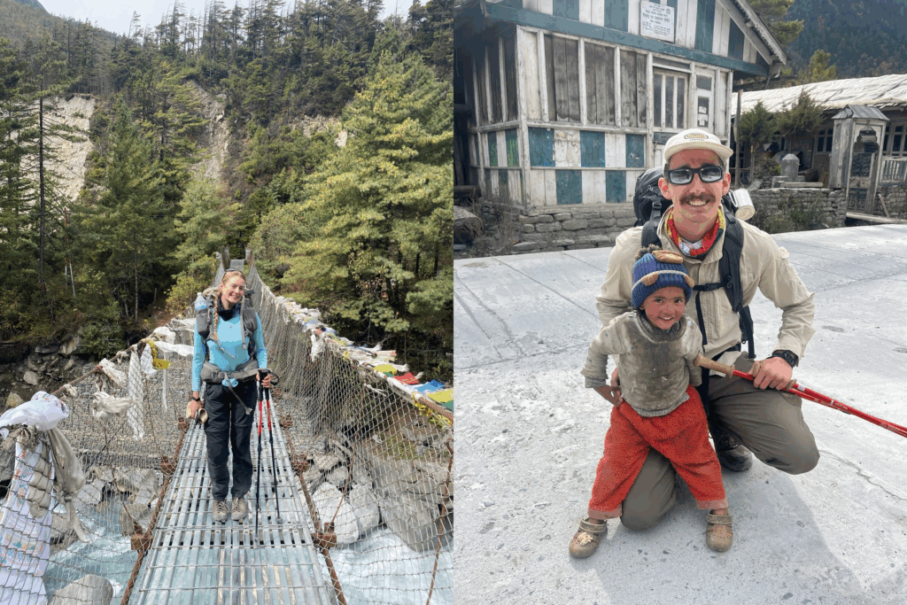 Left: Belle standing on a suspension bridge along the Annapurna Circuit
Right: Riley kneeling with a little Nepalese girl