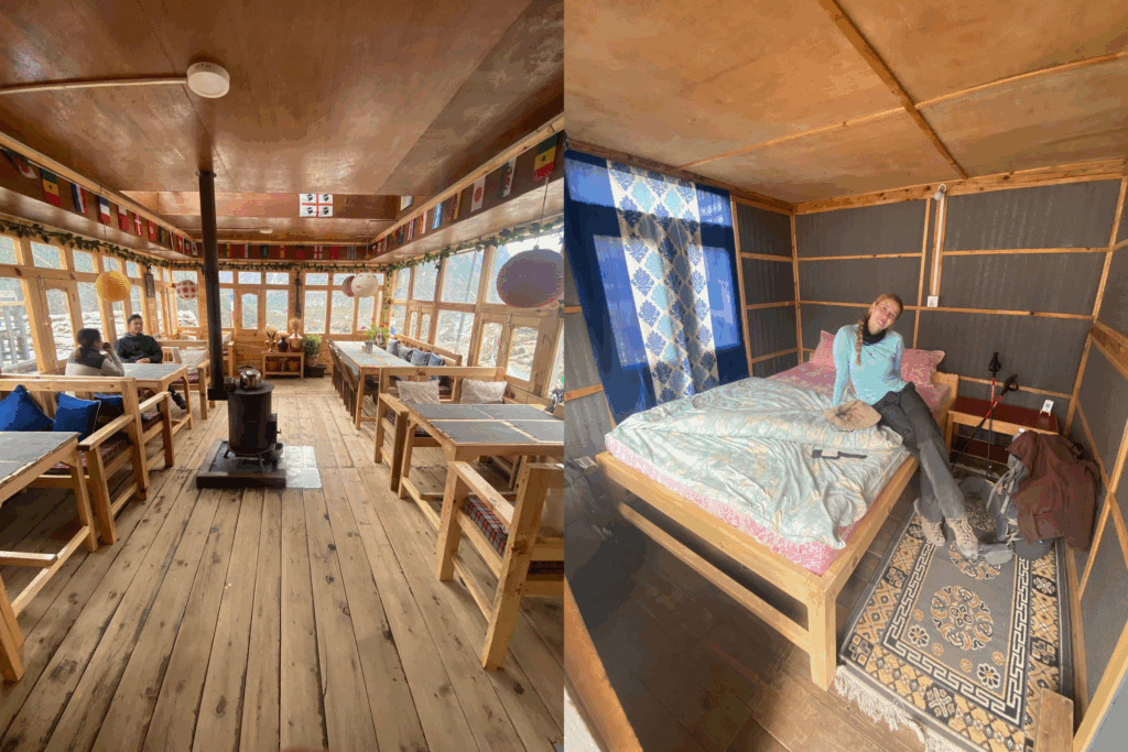 Left: The common room at Hotel Mountain Bridge
Right: Belle sitting in a room at Hotel Mountain Bridge