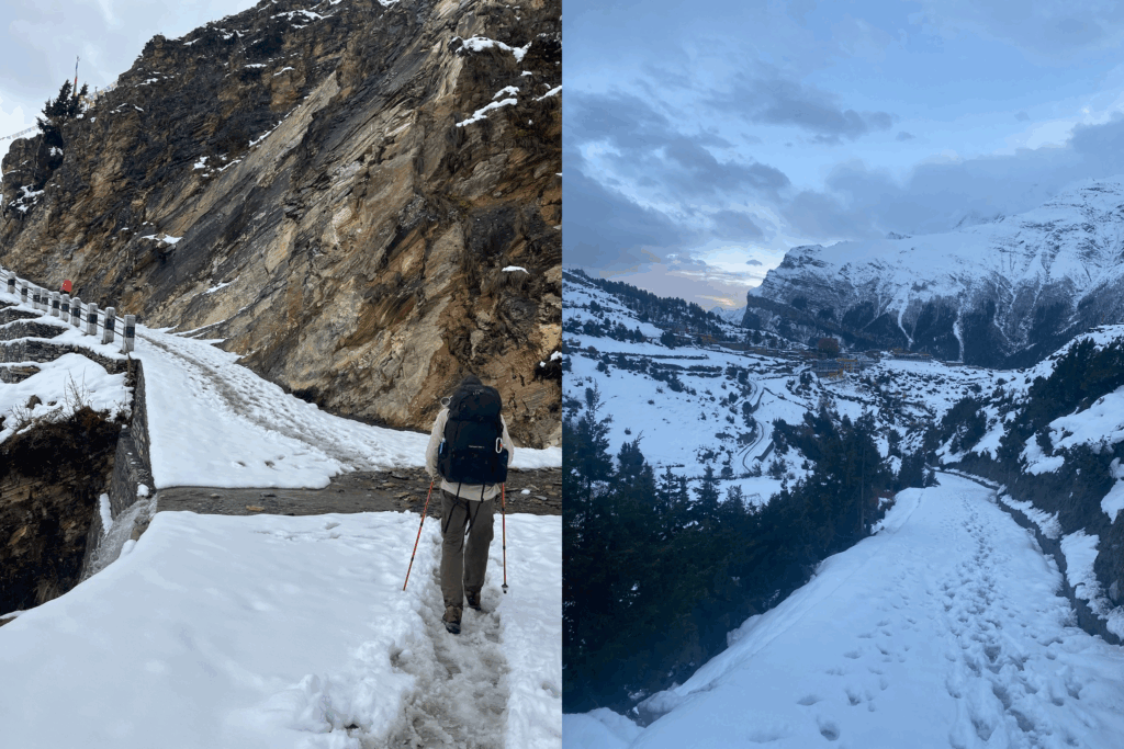 Left: Riley hiking along the Annapurna Circuit towards Manang
Right: Looking towards Ngawal as the sun is setting
