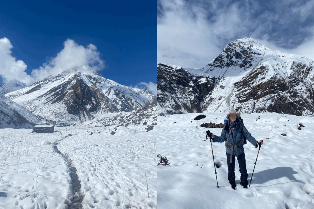 Left: A peak of the Annapurna range overlooking Yak Kharka
Right: Belle standing in the snow, on route to Yak Ykarka