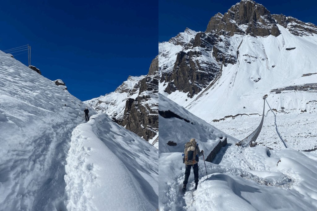 Left: Riley descending along the path towards the Thorong Phedi suspension bridge
Right: Belle about to step onto the suspension bridge