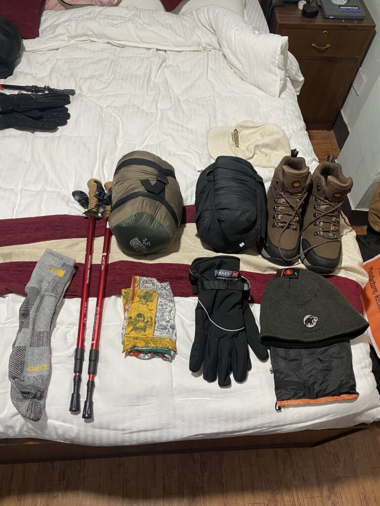 Hiking gear purchased from Goreto Gear Traders in Thamel, Kathmandu